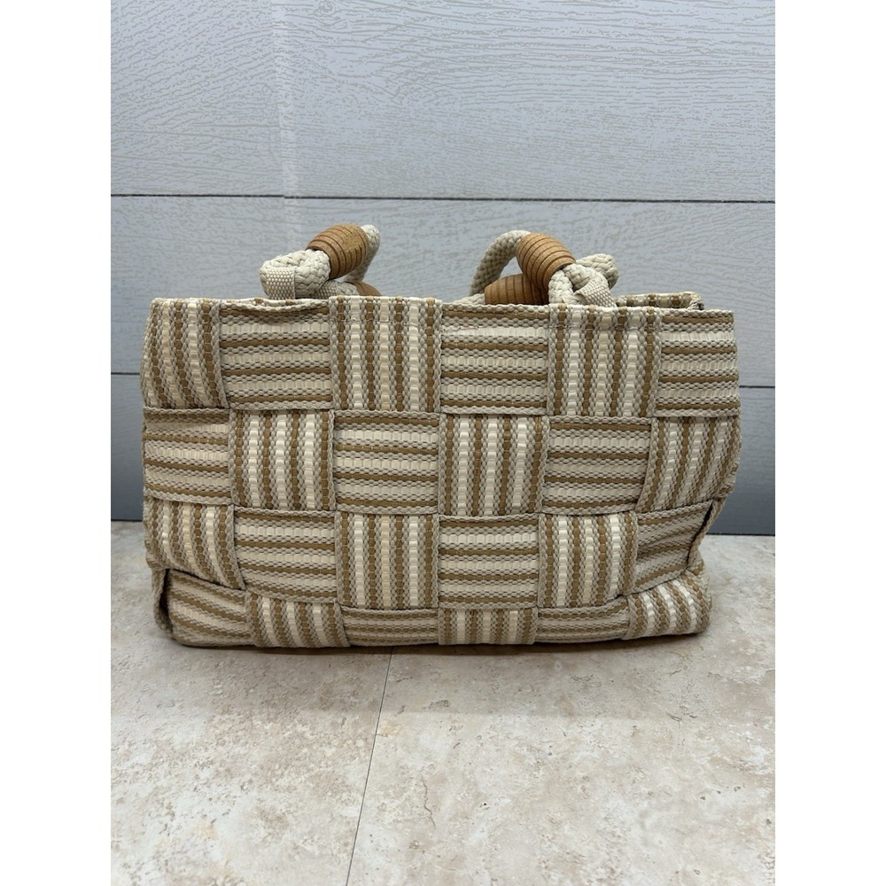 Vintage Handbag White & Brown Straw Woven Purse Rope Handles Made In Italy - Picture 3 of 10
